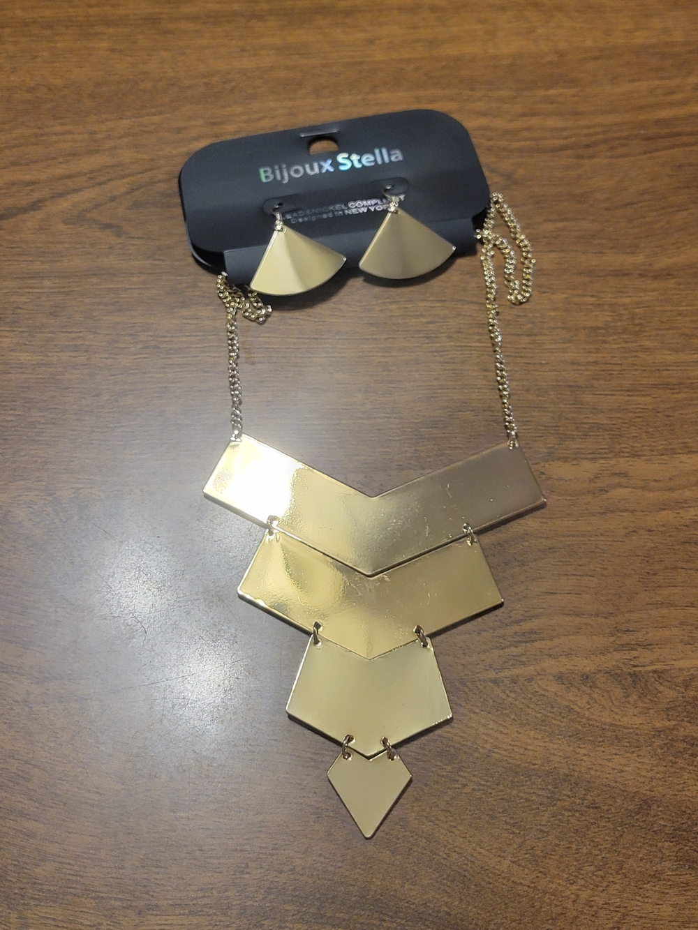 464- Bijoux Stella Gold Tone Geometric Statement Necklace & Earrings Set